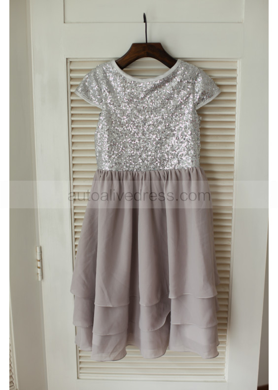 Cap Sleeves Silver Sequin Gray Chiffon Boho Flower Girl Dress